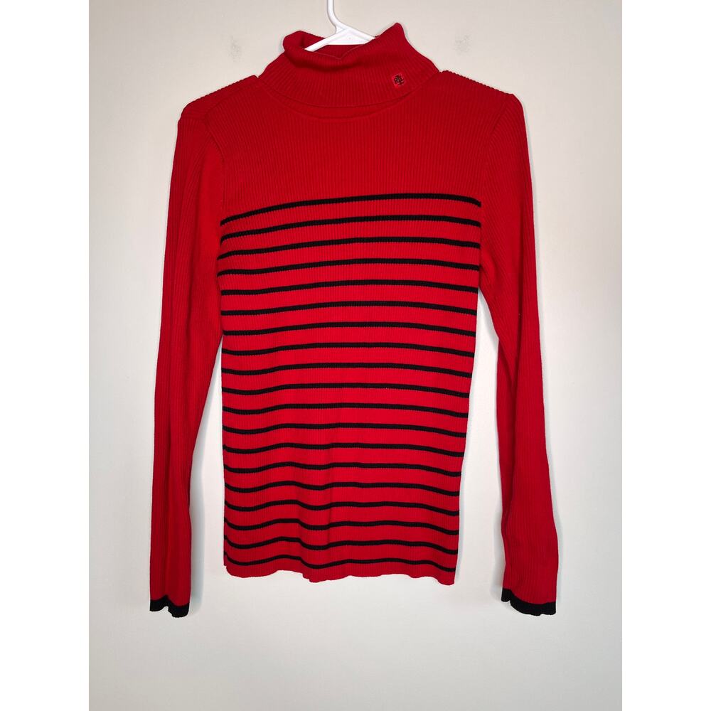 Lauren Ralph Lauren Red Black Ribbed Stripe Old Money Logo Turtleneck Sweater L
